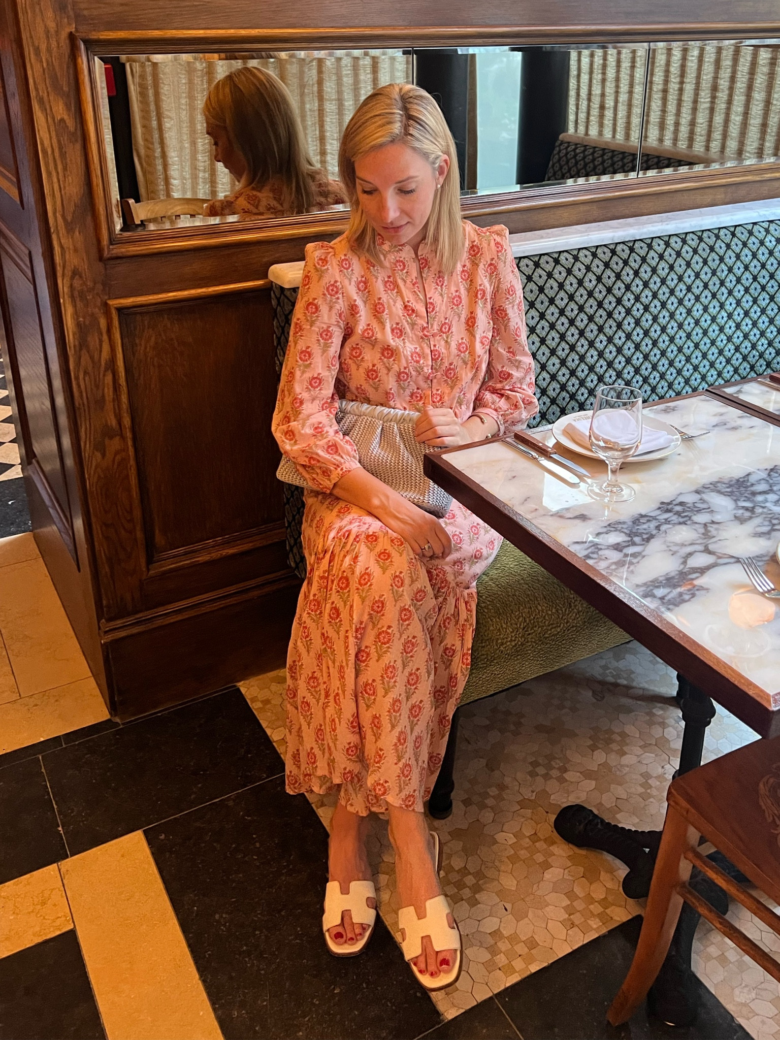 Floral maxi dress straw clutch- on sale! White slide sandals. 
.
.
.
… 

#LTKstyletip #LTKsalealert #LTKunder100