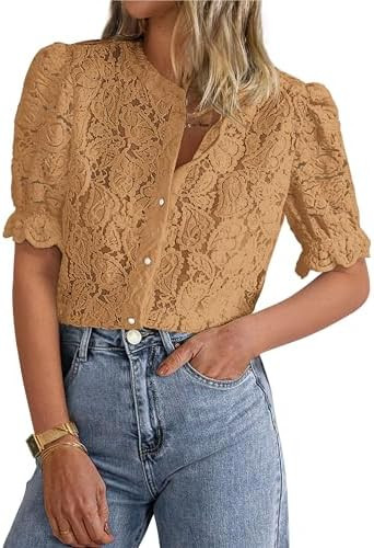 PRETTYGARDEN Womens 2025 Spring Lace Tops Short Puff Sleeve Casual Dressy Blouses Eyelet Crew Nec... | Amazon (US)