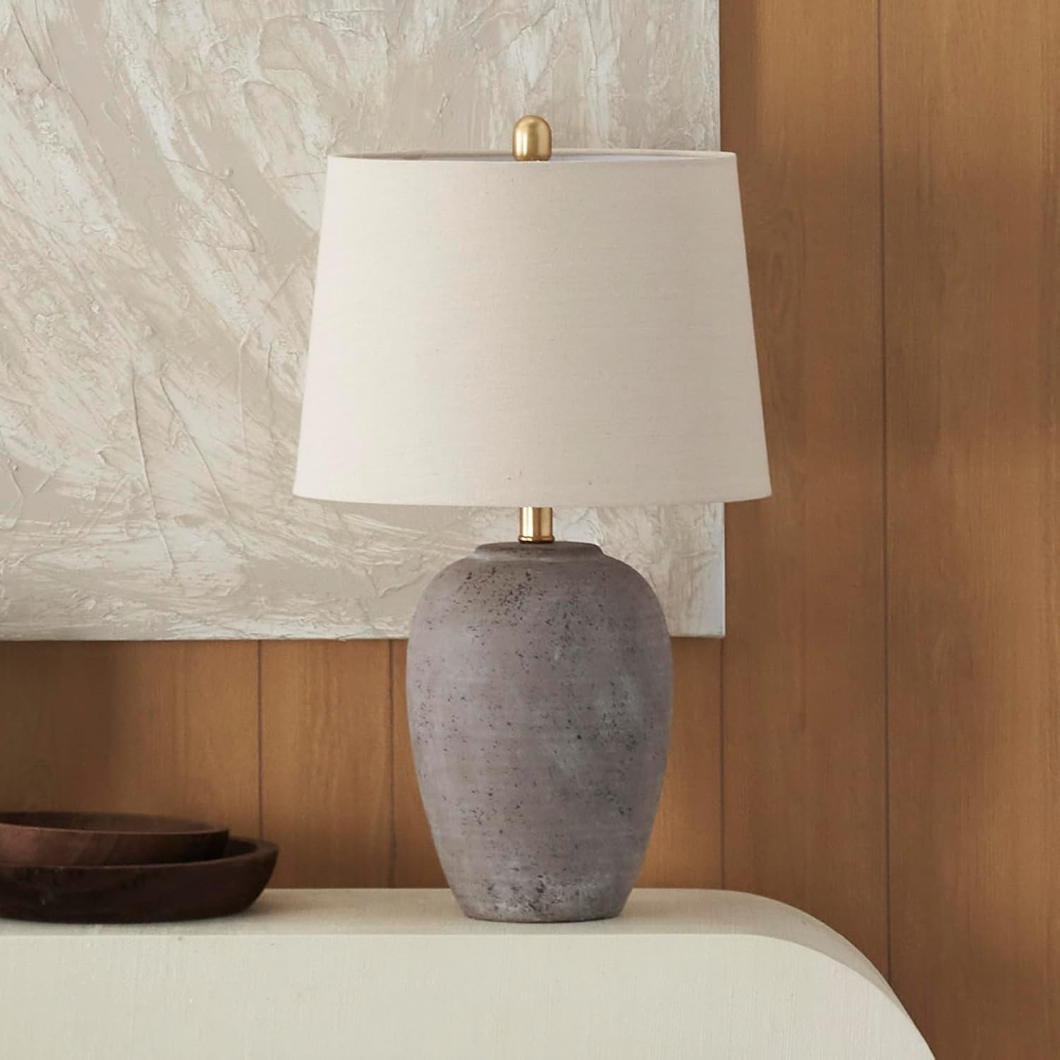 Nourison Home 23" Greyish Brown Earth Tone Rustic Farmhouse Ceramic Table Lamp for Bedroom, Living Room, Dining, Office, with Beige Linen Shade | Amazon (US)