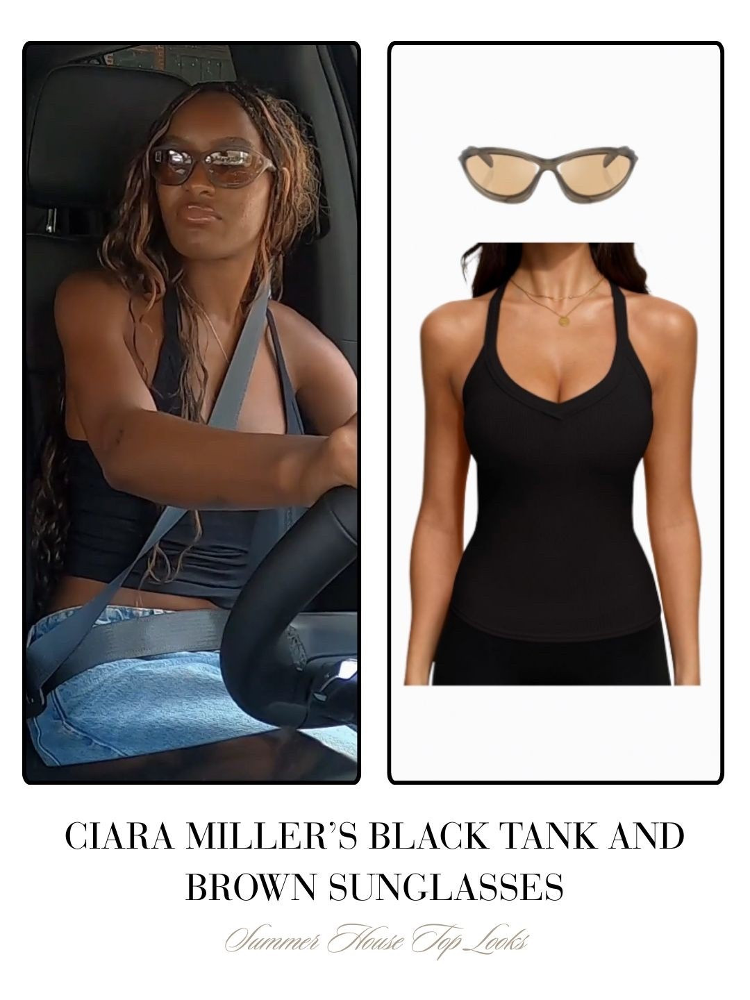 Ciara Miller’s Black Tank and Brown Sunglasses 