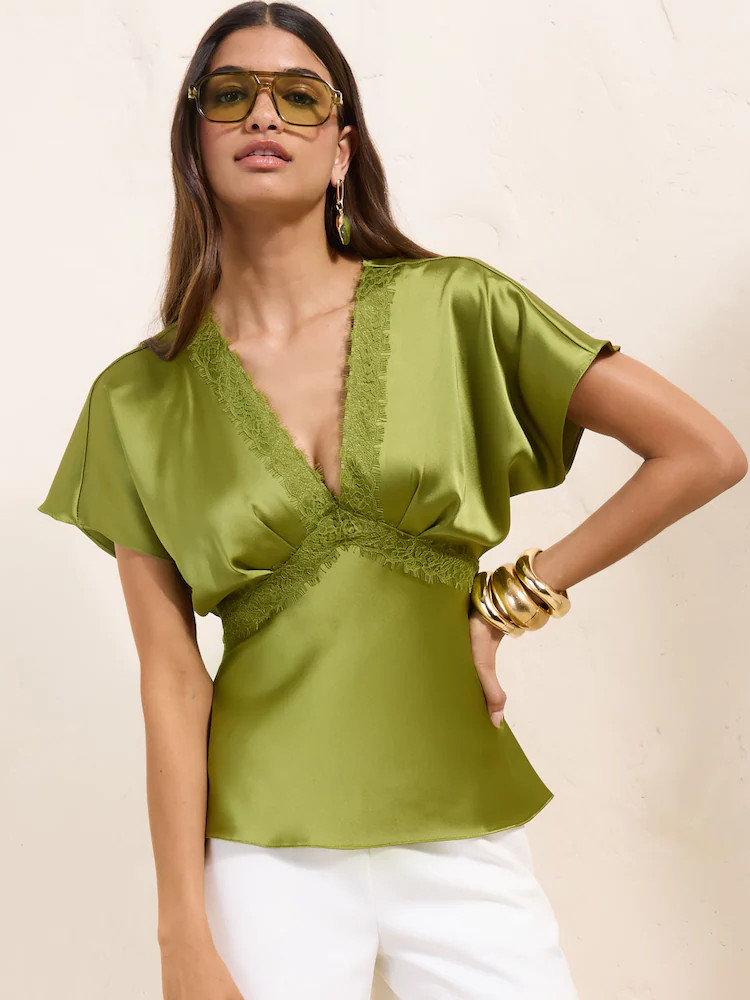 Friends Like These Olive Green Satin Short Sleeve Lace Blouse | Next US