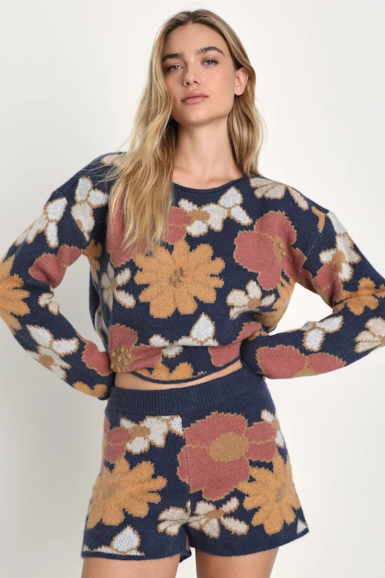Thriving Weekend Navy Blue Floral Knit Lounge Shorts | Lulus (US)