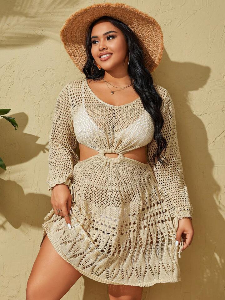 SHEIN Swim Curve Summer Beach Plus Size Solid Color Hollow Out Detail Cover Up Dress | SHEIN