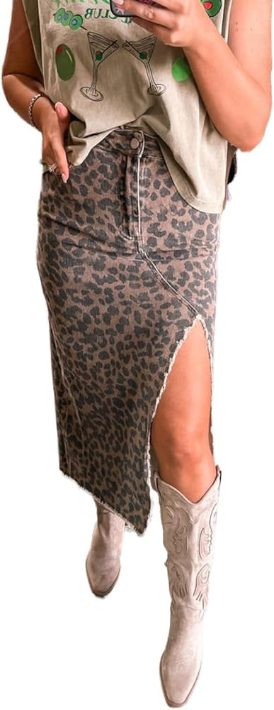 Apvirdy Leopard Print Denim Midi Skirt for Women Frayed Split High Waist Summer Cowboy Jean Skirt | Amazon (US)