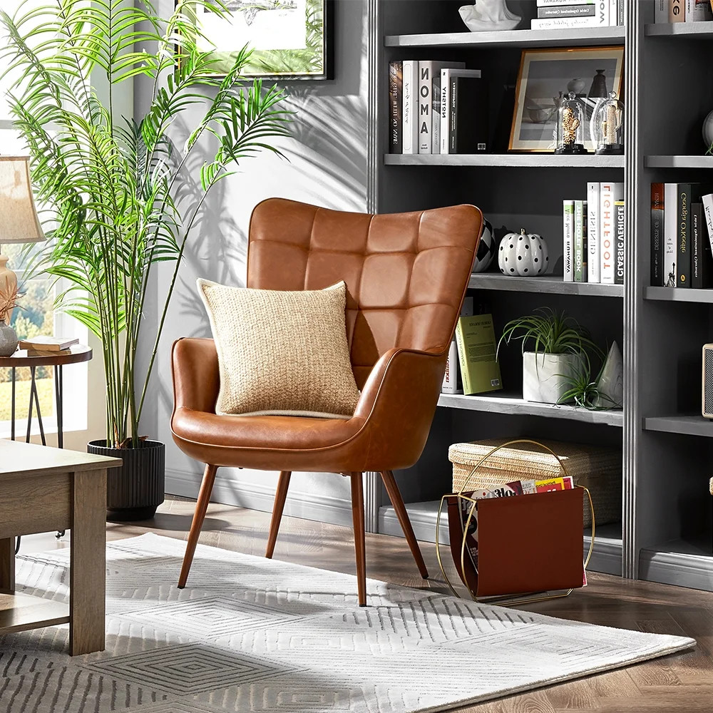 Alden Design Mid-Century Modern Faux Leather Wingback Accent Chair, Brown | Walmart (US)