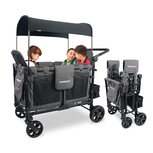 WONDERFOLD W4 Elite Stroller Wagon (4 Seater) - Collapsible Wagon Stroller with Seats with 5-Point Harnesses, Adjustable Push Handle, and Removable UV Sun Canopy, Charcoal Gray | Amazon (US)