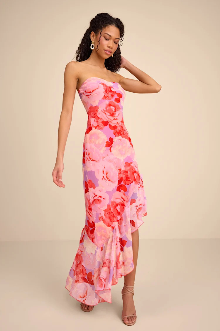 Simia Lavender Multi Floral Asymmetrical Midi Dress | Lulus
