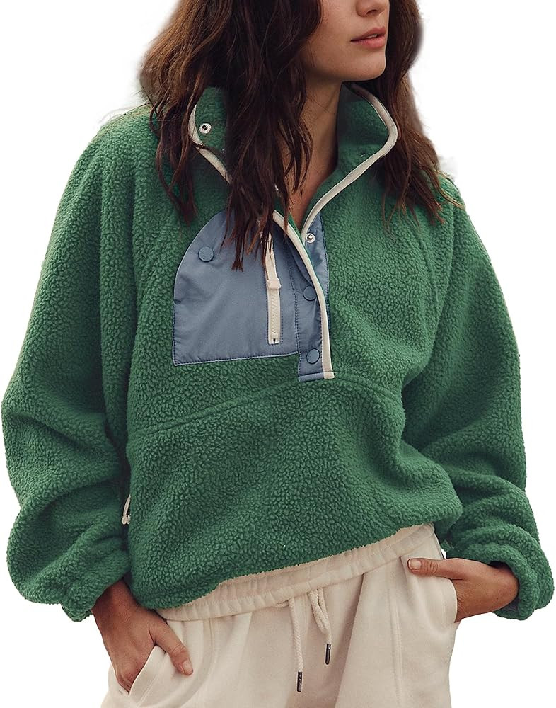 Hixiaohe Women Sweatshirt Sherpa Casual Lapel Cropped Pullover Long Sleeve Button Down Fuzzy Flee... | Amazon (US)