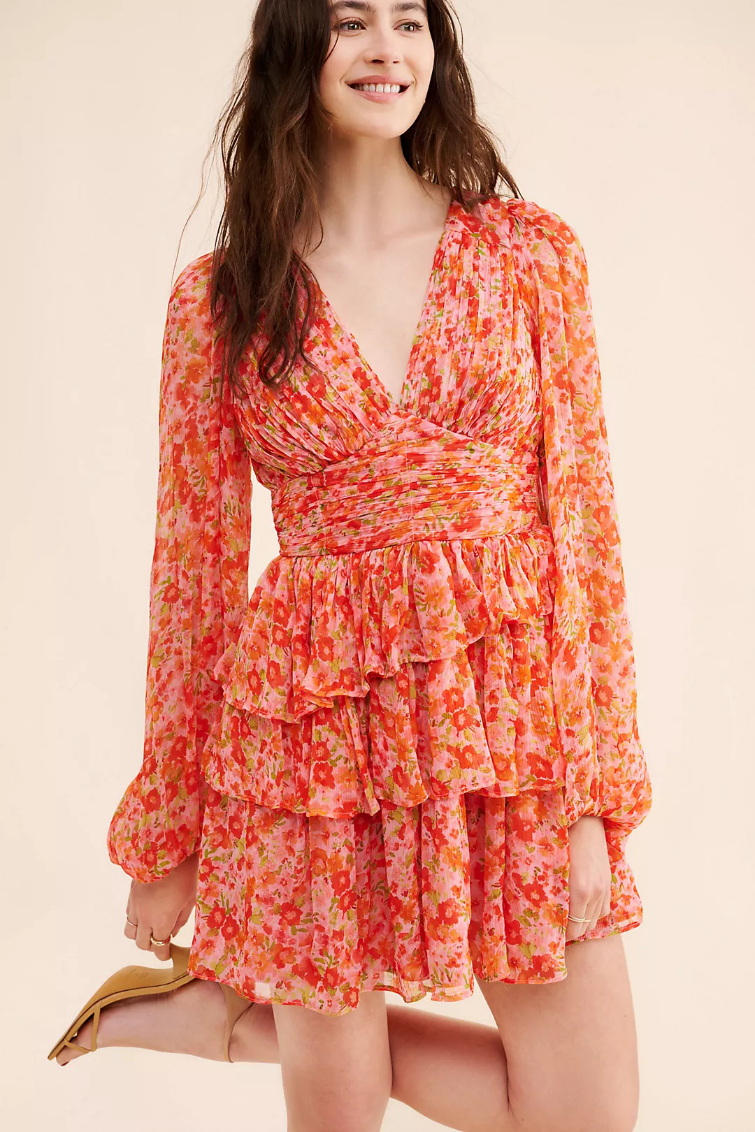 BHLDN Emmy Long-Sleeve V-Neck Tiered Mini Dress | Anthropologie (US)