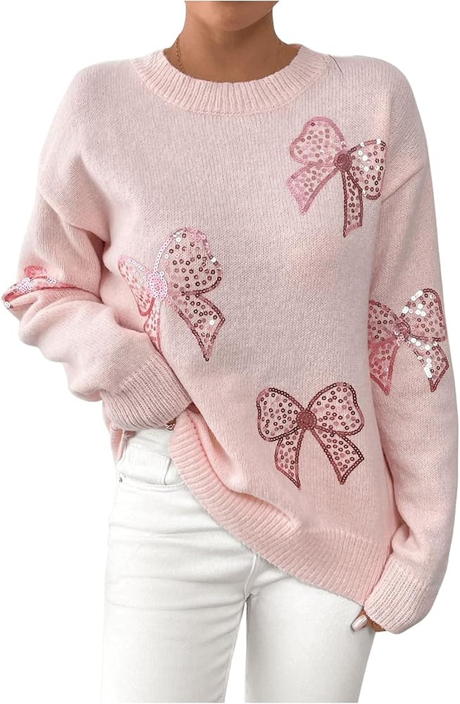 Verdusa Women's Sequin Bow Sweater Coquette Drop Shoulder Pullover Knit Tops | Amazon (US)