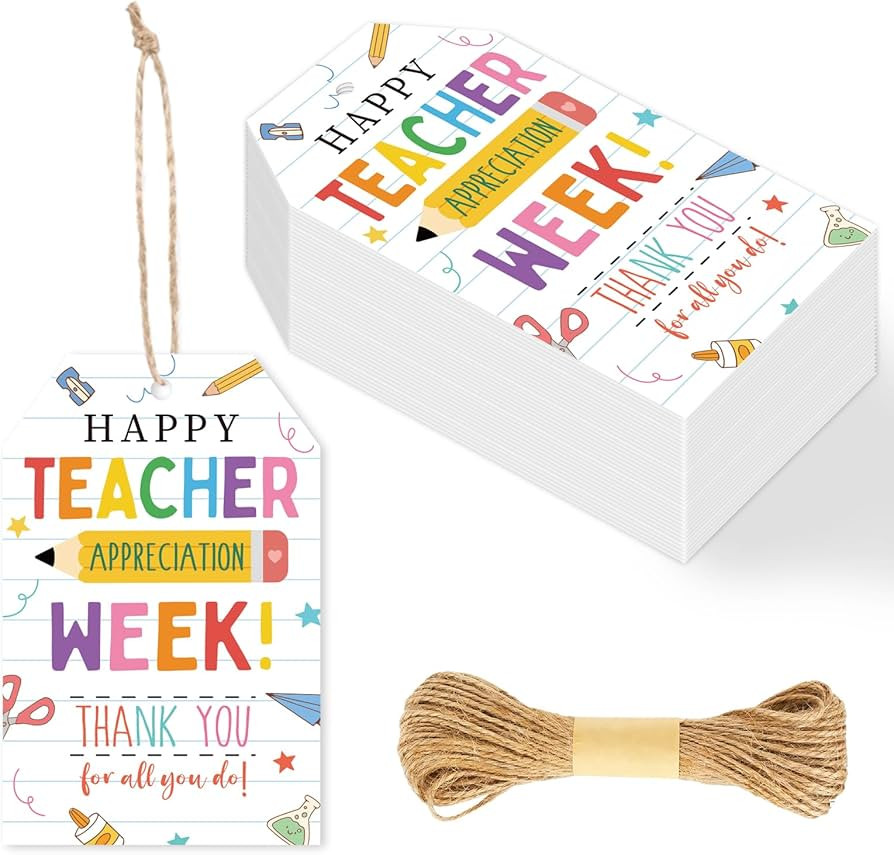 JarThenaAMCS 100Pcs Teacher Appreciation Week Paper Gift Tags Hanging Tags with Rope Colorful Tha... | Amazon (US)