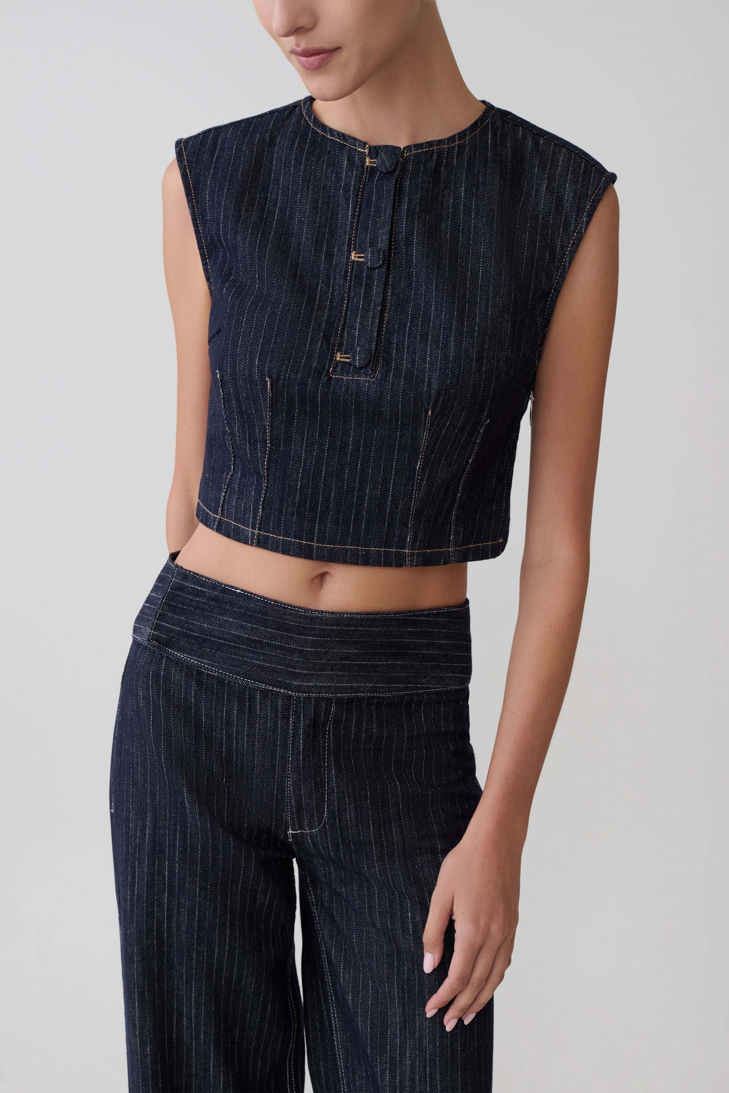 Sleeveless Denim Top - Indigo Pinstripe | MESHKI US