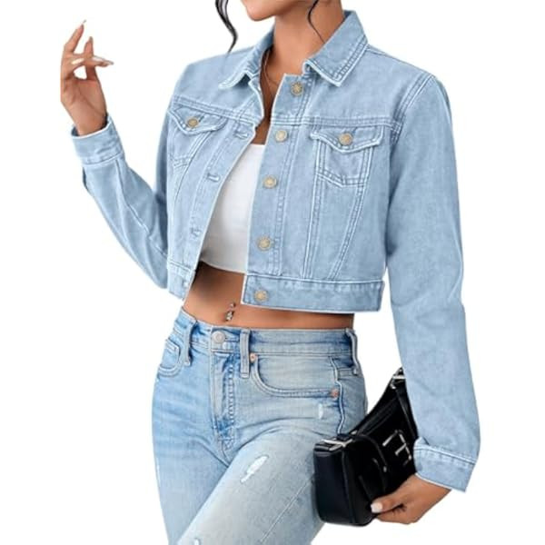 andy & natalie Women's Denim Jackets Cropped Jean Jacket Long Sleeve Basic Button Down Crop Jean ... | Amazon (US)