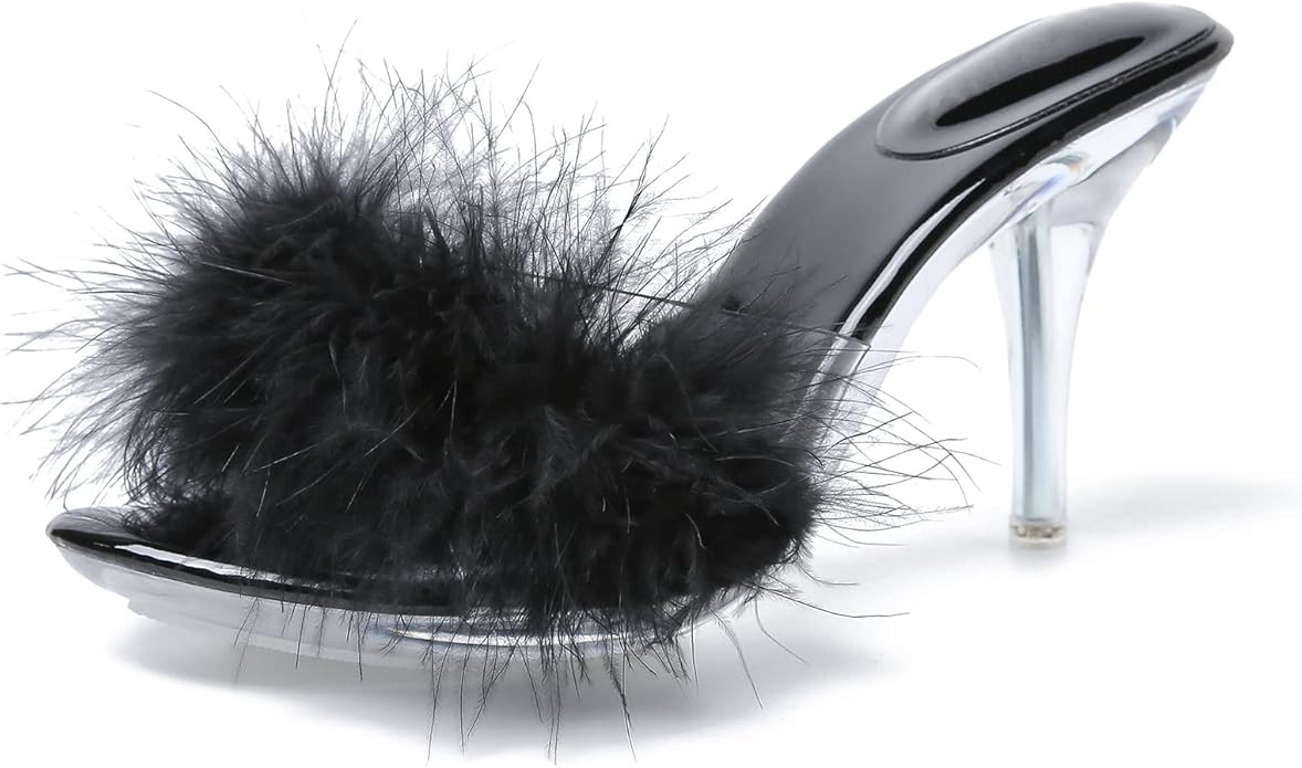 Women's Fuzzy Slippers Clear Heels Pointed Toe Stilettos Heels Mules Sandals Fluffy Feather Slip ... | Amazon (US)