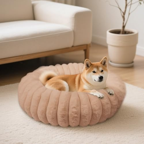 Vhen When Donut Dog and Cat Bed, Luxurious Comfortable Faux Rabbit Fur Pet Beds, Round Anti-Anxiety Calming Puppy Kitten Bed with Anti-Slip Bottom for Small Medium Dogs & Cats(28", Brown) | Amazon (US)