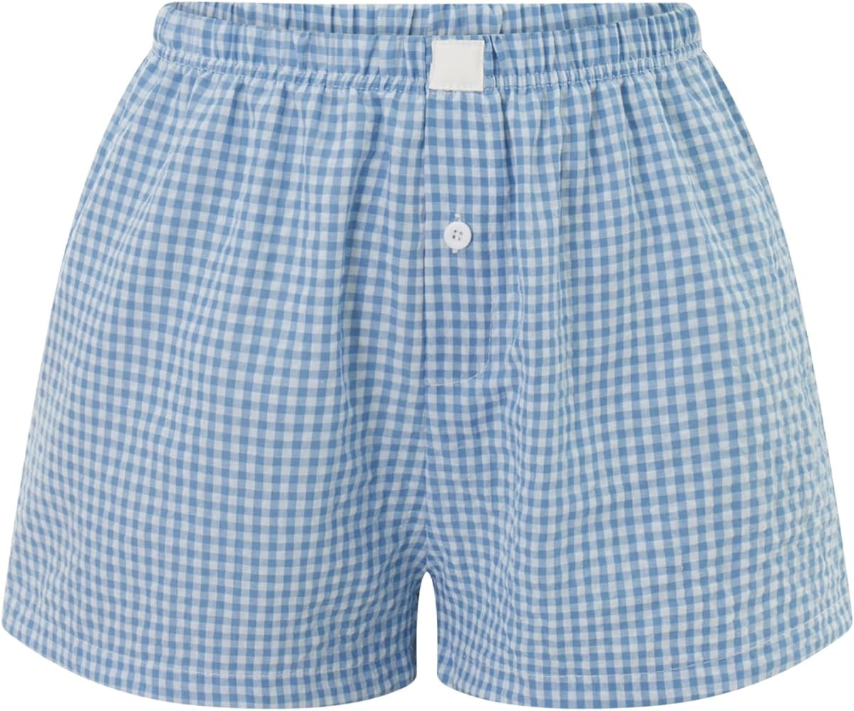 Women Y2k Pajamas Shorts Micro Button Boxers Elastic Waist Cute Pj Bottoms Summer Plaid Lounge Sh... | Amazon (US)