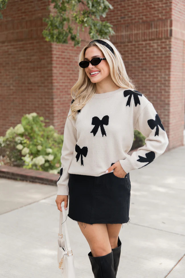 Tied Up Beige and Black Bow Print Sweater | Pink Lily