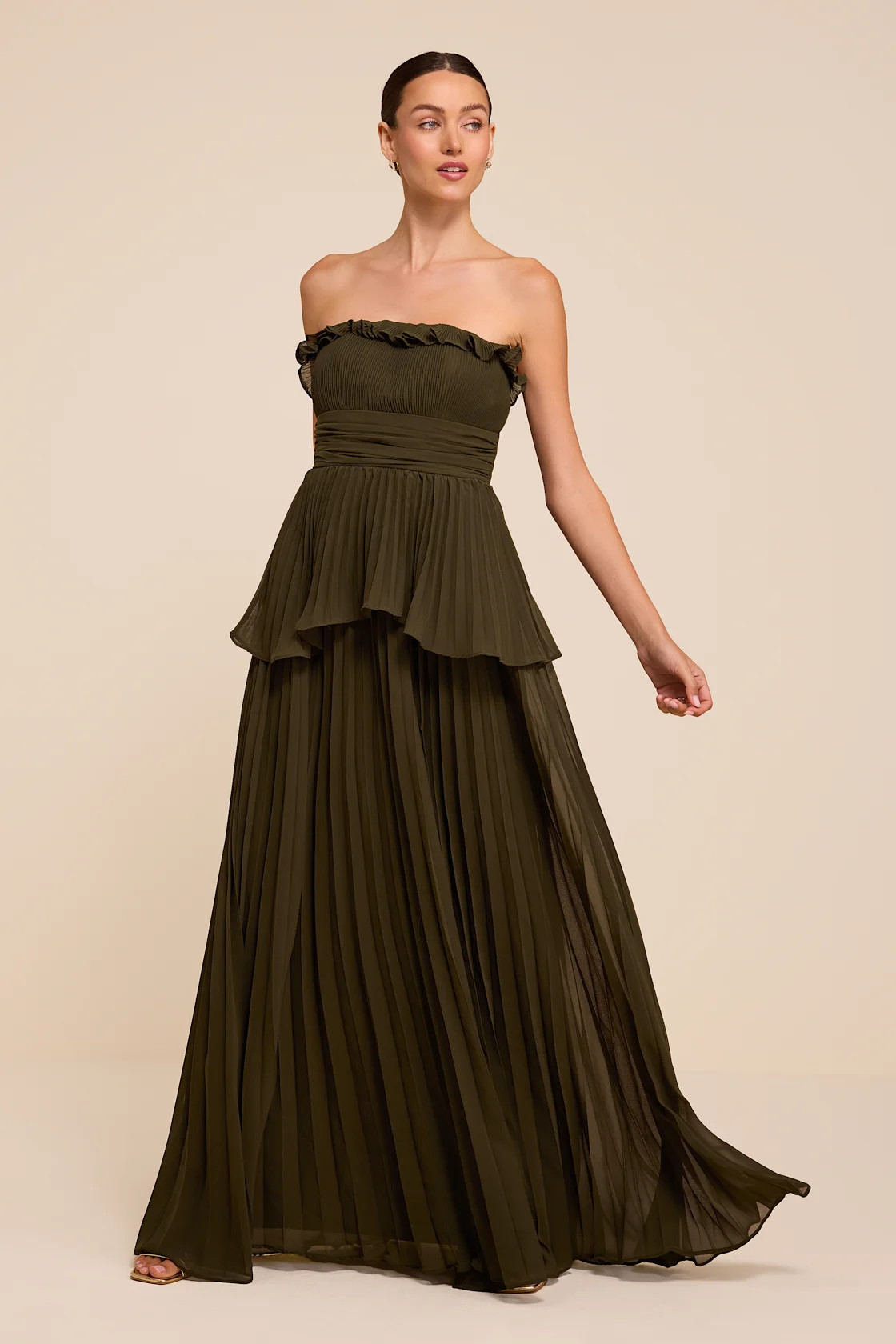 Daniela Olive Pleated Strapless Maxi Dress | Lulus