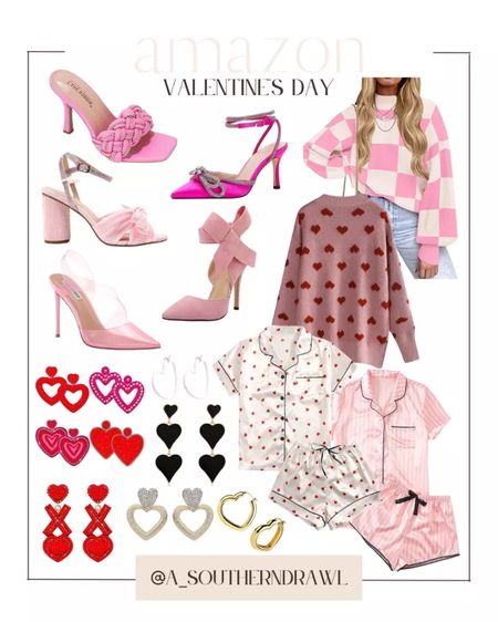Valentine’s Day - vday - heart sweater - valentines pjs - silk heart pj set - pink sweater - heart sweater - heart earrings - pink heels - heart jewelry - Valentine’s Day 

#LTKSeasonal #LTKshoecrush #LTKstyletip