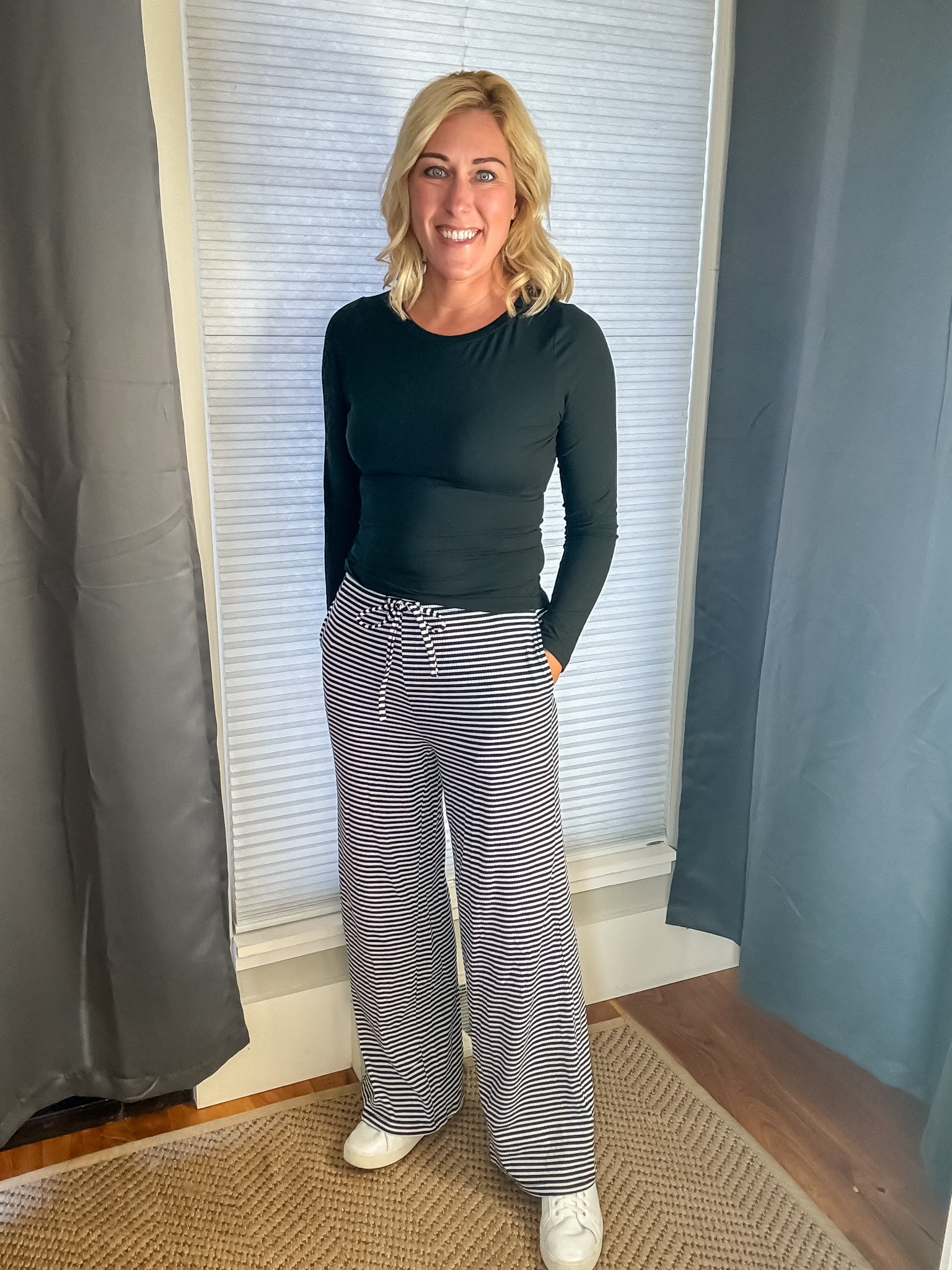 The stripes on these wide leg pants give them such a fun look! I love these paired with a plain shirt and some white sneakers. Ultra stretchy and comfortable! 