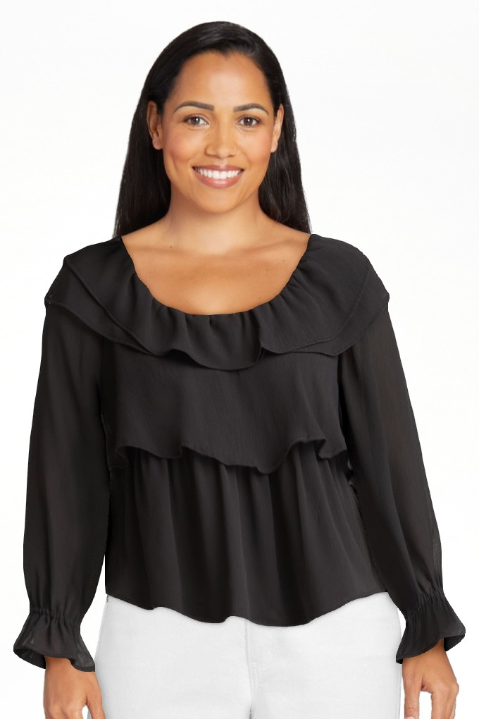 Time and Tru Women's Ruffle Neck Blouse with Long Sleeves, Sizes XS-3XL | Walmart (US)