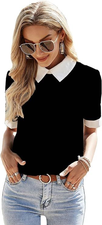 Verdusa Women's Colorblock Contrast Polo Collar Short Sleeve Blouse Shirt Top | Amazon (US)