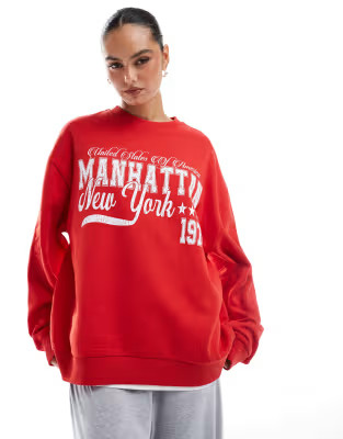 ASOS DESIGN oversized sweatshirt with Manhattan graphic in red | ASOS (Global)
