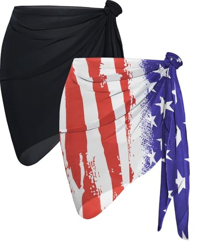 July 4 American Flag 2 Pieces Sarong Cover Up Beach Bathing Suit Wrap Skirt Bikini Chiffon Scarf for Swimwear (Black,Blue Red Flag Star) | Amazon (US)