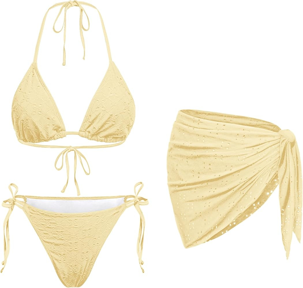 Women 3 Piece Swimsuits - Sexy Triangle Bikini Sets with Cover Up Halter String Tie Side Bathing ... | Amazon (US)