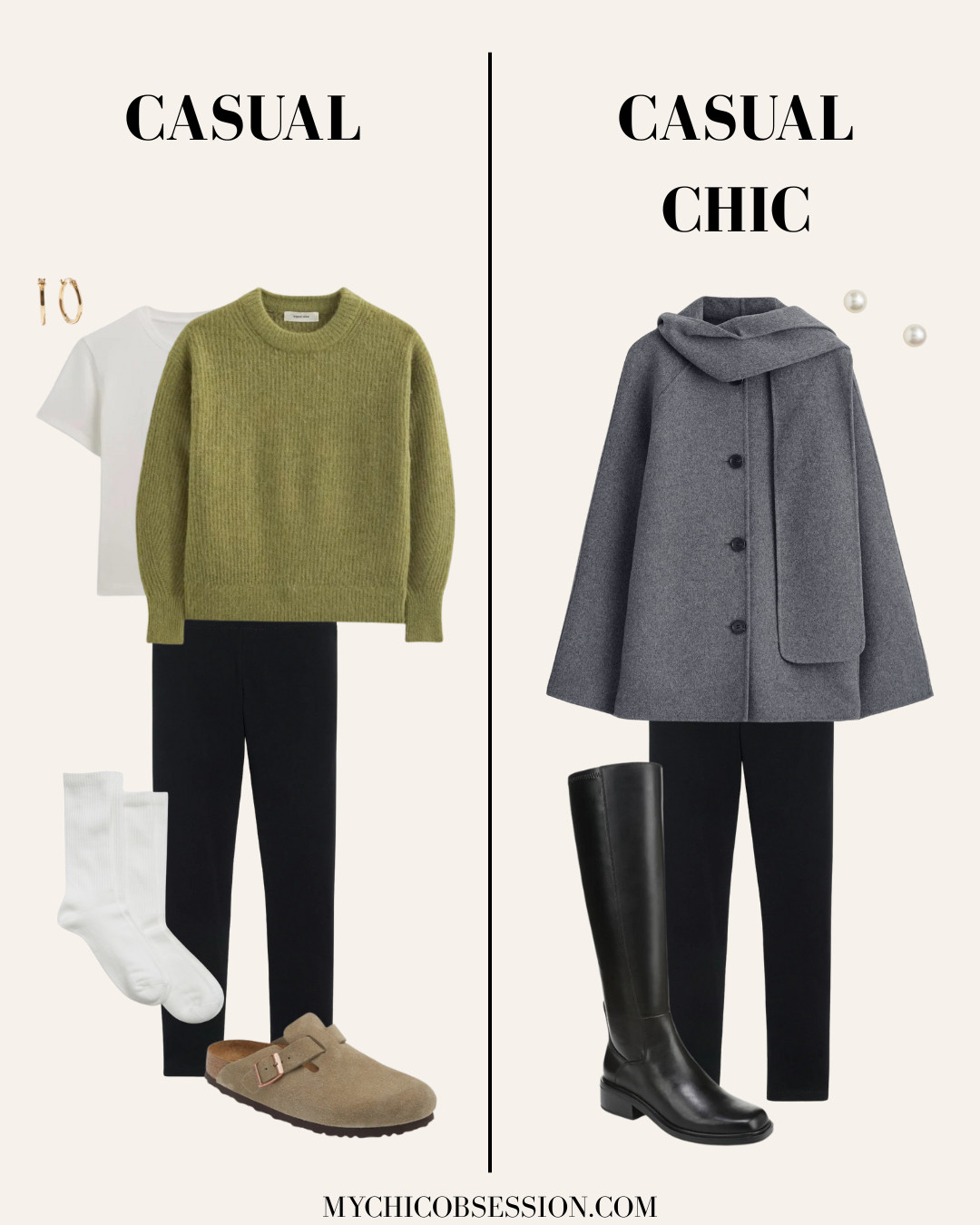Take your leggings look from casual to casual chic! For a casual take, pair them with a white t-shirt, an olive green sweater, Birkenstock Boston clogs, and gold earrings. For a chic look, pair your leggings with an elegant scarf coat, pearl earrings, and knee-high boots. 

 #LTKSeasonal