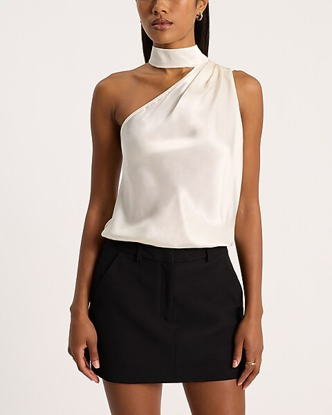 Satin Asymmetrical Mock Neck Tank | Express
