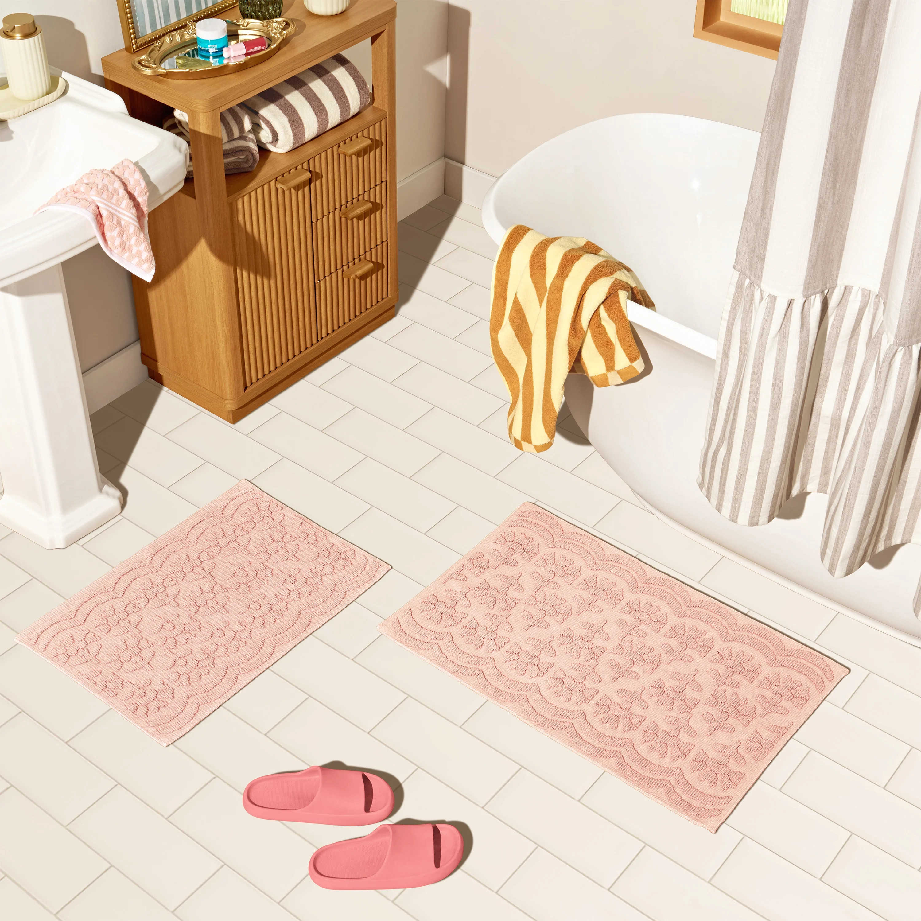 Beautiful Floral Block Scallop 2 Piece Bath Rug Set by Drew Barrymore, Rose Pink, 17" x 24" & 20"... | Walmart (US)