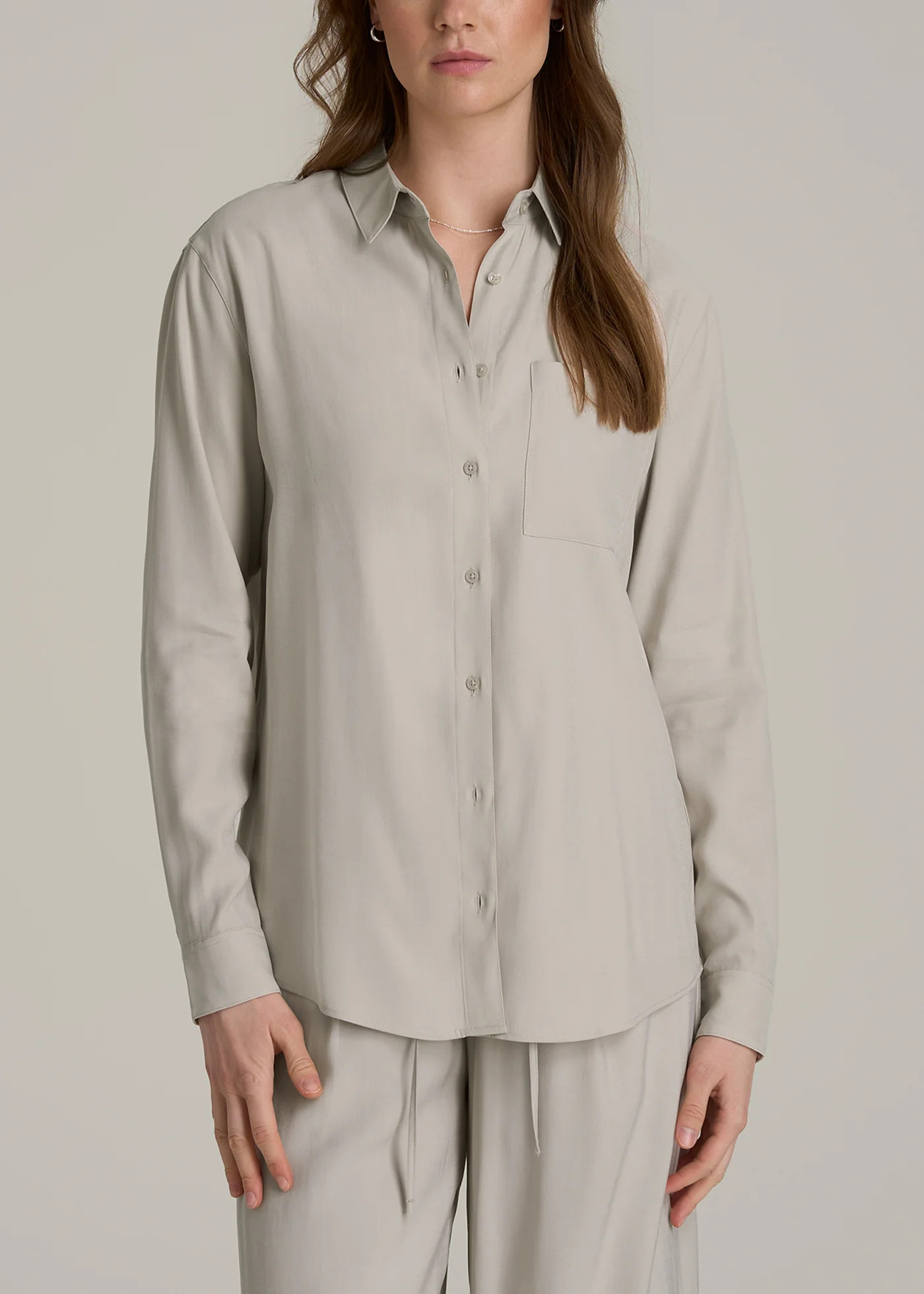 Relaxed Button-Up Single-Pocket Blouse for Tall Women in Stone | American Tall