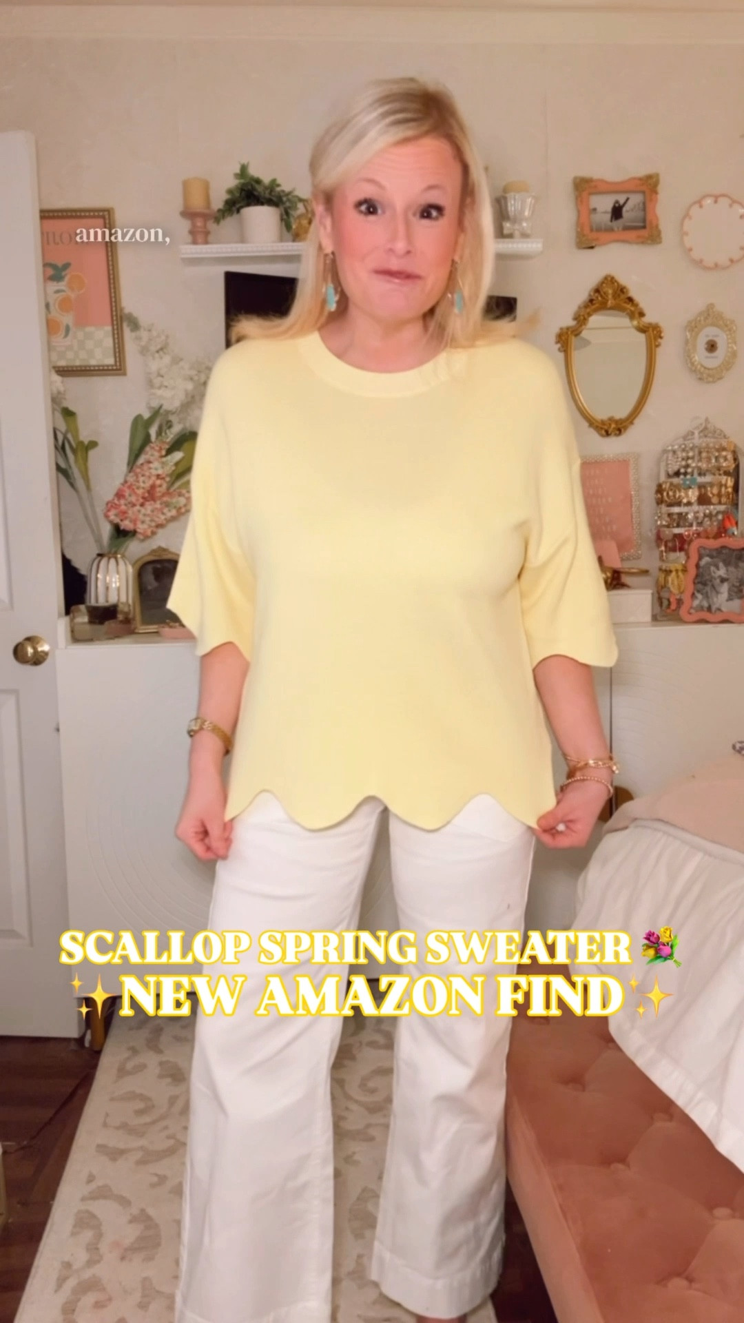 Scallop Hem Spring Sweater Amazon | Butter Yellow Sweater | Preppy Spring Top Try On

scallop hem sweater women | butter yellow spring sweater | preppy spring sweater | Amazon spring sweater | scallop trim top women

That butter yellow scallop hem sweater just stopped my scroll and it is $20 on Amazon.

This is the Tankaneo scallop hem knit pullover and the details are doing everything. Butter yellow that is exactly right for spring. That scalloped hem that makes a simple crewneck look considered and feminine and like you paid considerably more than $20 for it. 

Half sleeves. Relaxed oversized crop. Lightweight acrylic cotton blend that feels soft and breathable all day.

I’m in a medium. Eight colors available — and the butter yellow is the one you want first.

White jeans and gold sandals. A floral midi skirt. Wide leg trousers for the office. 

This sweater makes every single one of those outfits look intentional without asking anything of you.

If you are searching:
scallop hem sweater women
butter yellow spring sweater
preppy spring sweater
scallop trim top women
spring sweater women
Amazon spring sweater
spring outfits women
spring outfits 2026
work outfit women spring
preppy style women
feminine spring top
Easter outfit women
brunch outfit women
spring break outfit
vacation outfits beach
casual spring outfit
oversized crop sweater spring
affordable spring fashion
$20. Amazon. Eight colors.
The scallop detail alone is worth it. 🌸
⸻
scallop hem sweater amazon women, butter yellow spring sweater affordable, preppy spring knit top women, tankaneo scallop sweater, amazon fashion spring 2026, feminine spring sweater women, easter outfit sweater women, work outfit spring sweater, spring brunch outfit top, oversized crop sweater spring women
⸻
#AmazonFashion #SpringSweater #SpringOutfits #PreppyStyle #ScallopHem #LTKFindsUnder50 #LTKSeasonal #LTKFindsUnder100 #SpringStyle #EasterOutfit

#LTKSeasonal #LTKSaleAlert #LTKWorkwear