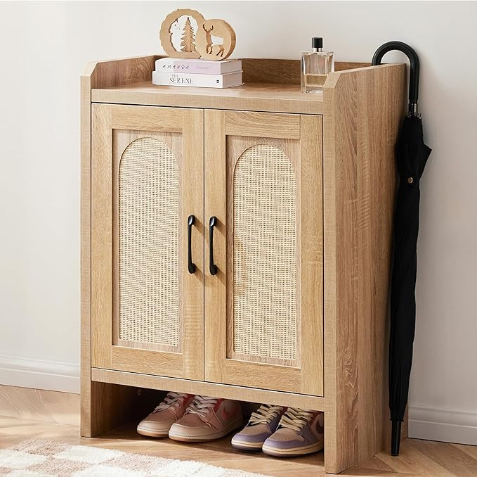 Shoe Cabinet Storage for Entryway, Natural Rattan Shoe Storage Cabinet, Wooden Shoe Rack Cabinet,... | Amazon (US)