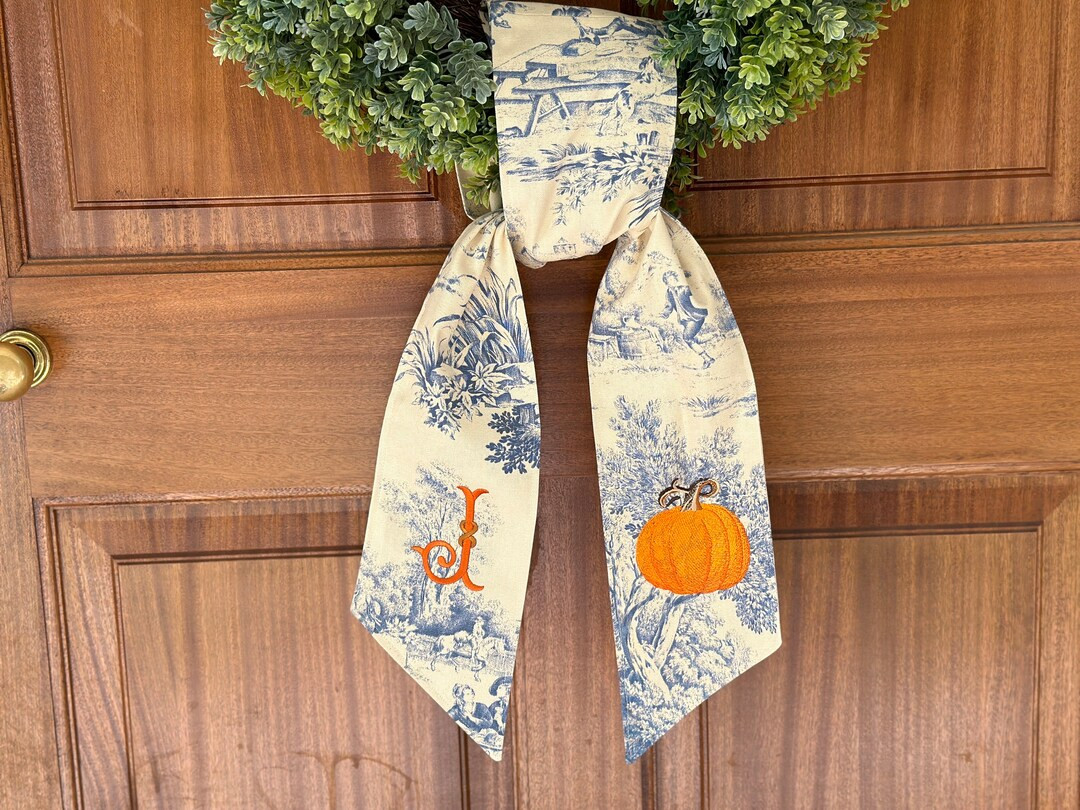 Personalized Autumn Chinoiserie Wreath Sash, Custom Monogram Orange Pumpkin Door Swag, Blue and W... | Etsy (US)