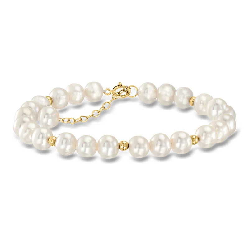 6.5-7mm Cultured Pearl and 14kt Yellow Gold Bead Station Bracelet. 7" | Ross-Simons
