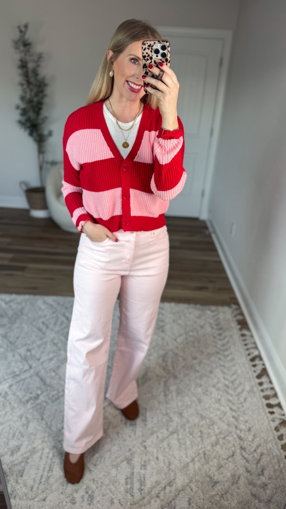 Daily try on, Walmart outfit, Walmart fashion, red and pink striped cardigan, pink jeans 

#LTKootd