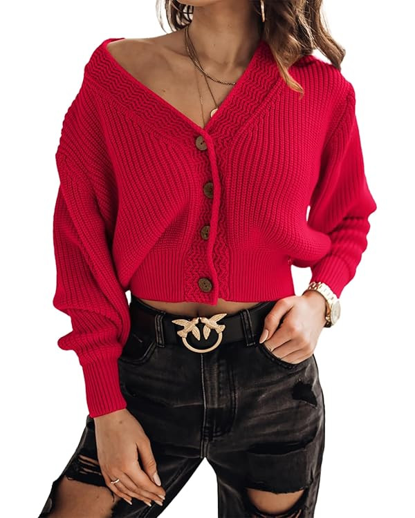 Febriajuce Women's Long Sleeve V-Neck Button Down Rib Knit Cropped Cardigan Sweater | Amazon (US)