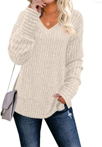 JomeDesign Womens Sweaters Long Sleeve V Neck Shirts Loose Casual Fashion Tops | Amazon (US)