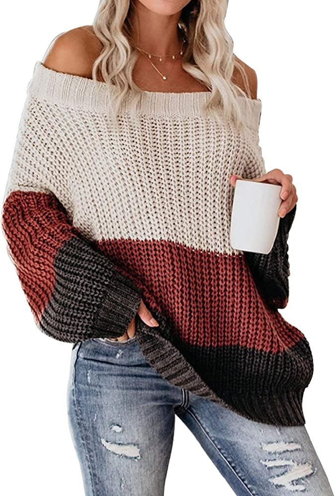 Womens Color Block Off The Shoulder Pullover Sweaters Cable Knit Chunky Tops | Amazon (US)