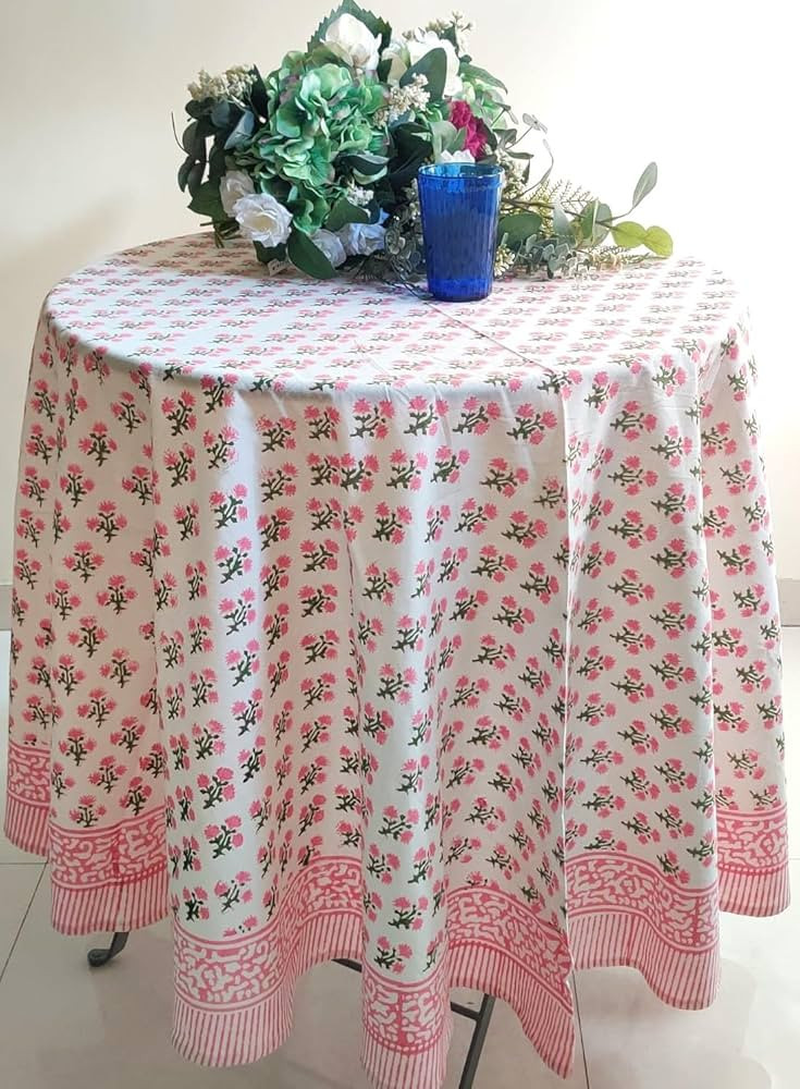 ATOSII Gulbahar White Pink 100% Cotton Spring Summer Round Tablecloth, Block Print Table Cloth fo... | Amazon (US)