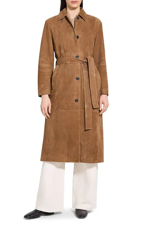 Theory Reese Belted Suede Coat in Deep Tobacco - 2Ct at Nordstrom, Size Petite | Nordstrom