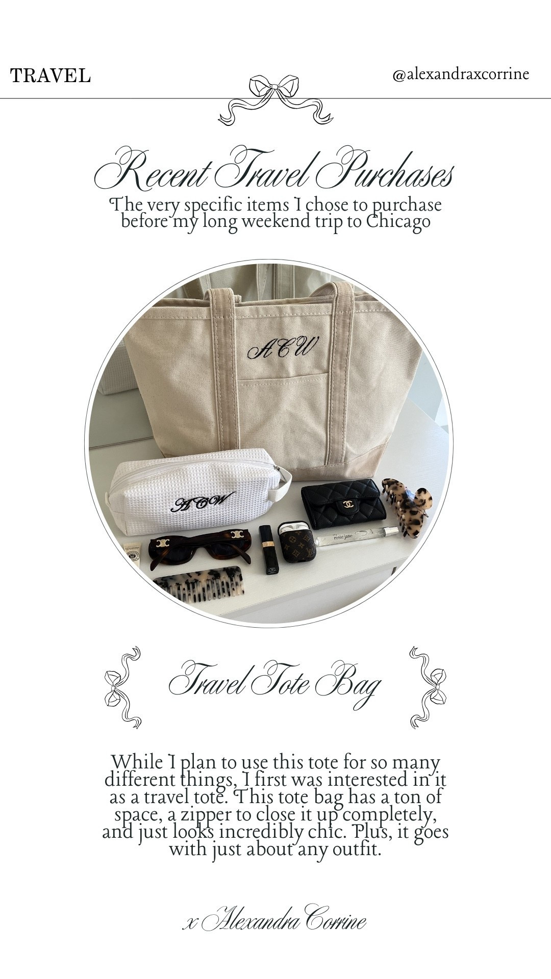 Recent travel purchases 👜 the very specific items I chose to purchase before my long weekend trip to Chicago 🤍

Travel essentials, travel outfit, Chicago style, chic fashion finds, travel bag, boat tote, custom, monogram, personalized tote

#LTKTravel