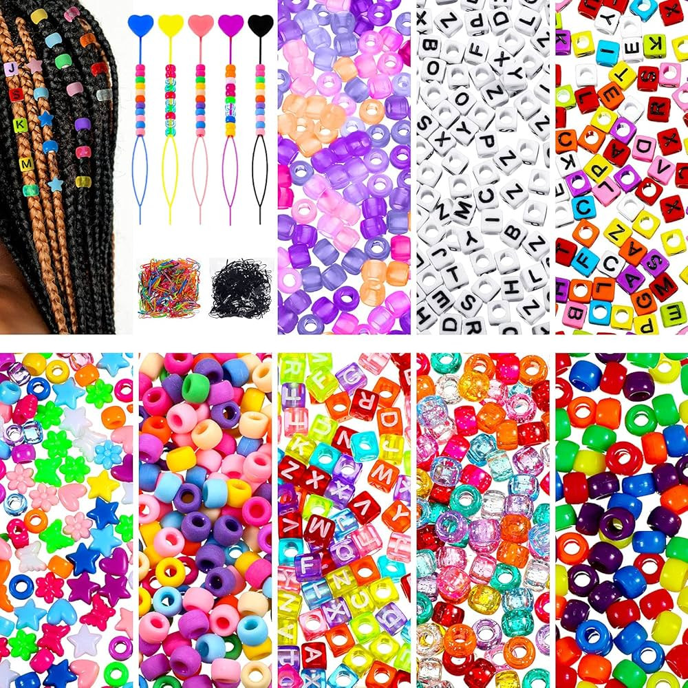 1200 Pieces Hair Beads Pony Beads for Braids Acrylic Rainbow Large Hole Letter Kit with 1000 Elas... | Amazon (US)