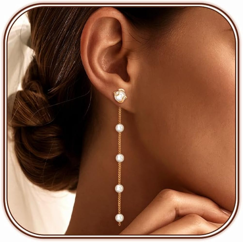 Zeffy Pearl Earrings for Women - Gold Pearl Drop Dangle Earrings Long White Pearl Statement Earri... | Amazon (US)