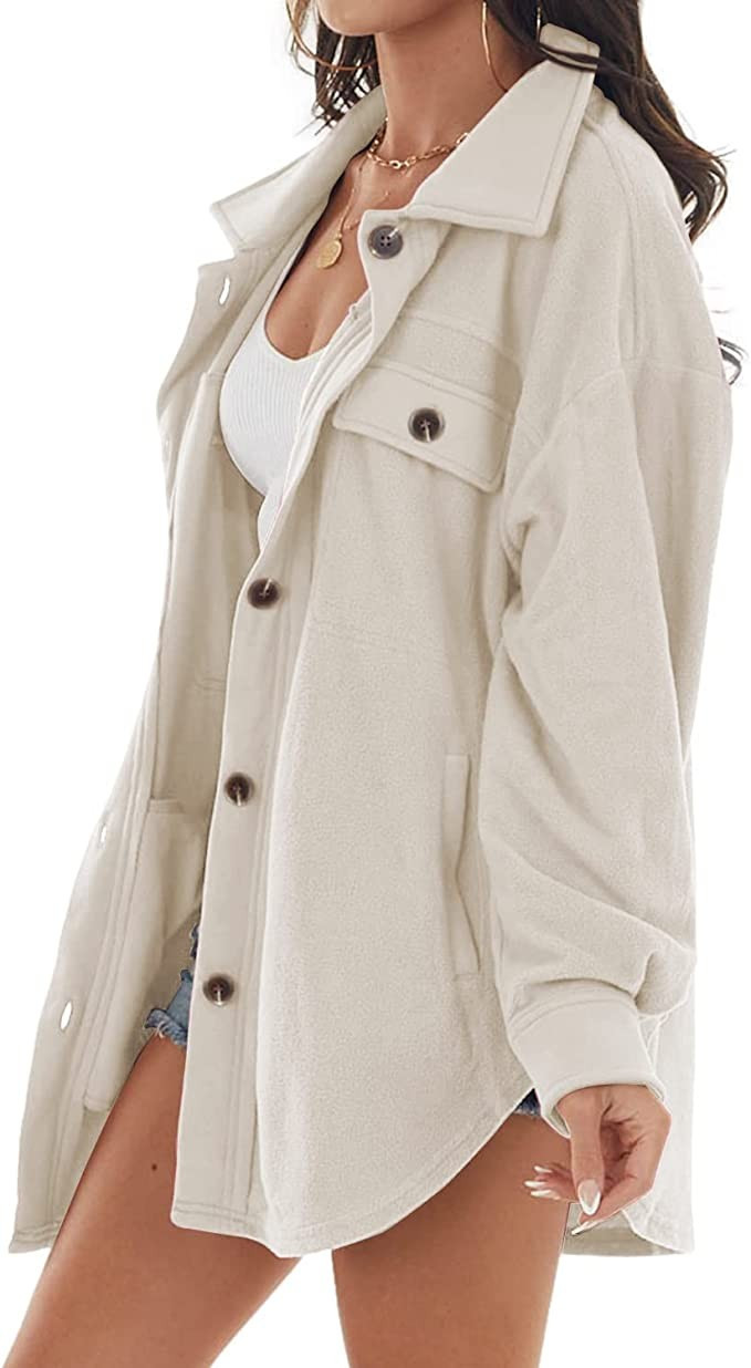 Yanekop Womens Fleece Button Down Shacket Long Sleeve Shirt Jacket Casual Boyfriend Blouse Top | Amazon (US)