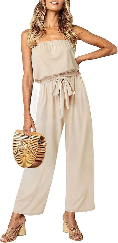 ZESICA Women's 2023 Casual Off Shoulder Solid Color Strapless Belted Wide Leg Jumpsuit Romper | Amazon (US)