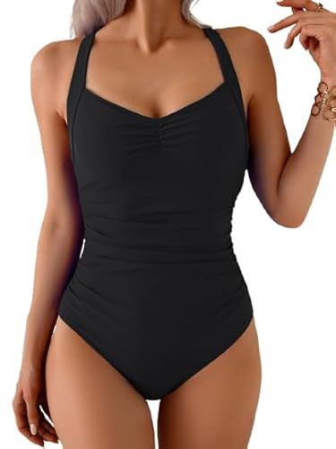 B2prity One Piece Swimsuit for Women Tummy Control Slimming Bathing Suit Push Up Ruched Swim Suit Criss Cross Swimwear Black | Amazon (US)