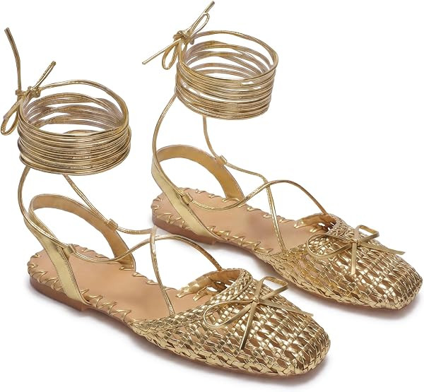 Woven Ballet Flats for Women Lace Up Closed Square Toe Summer Sandals Dressy Shoes | Amazon (US)